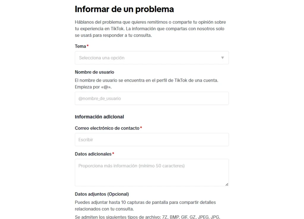 informar un problema en tiktok