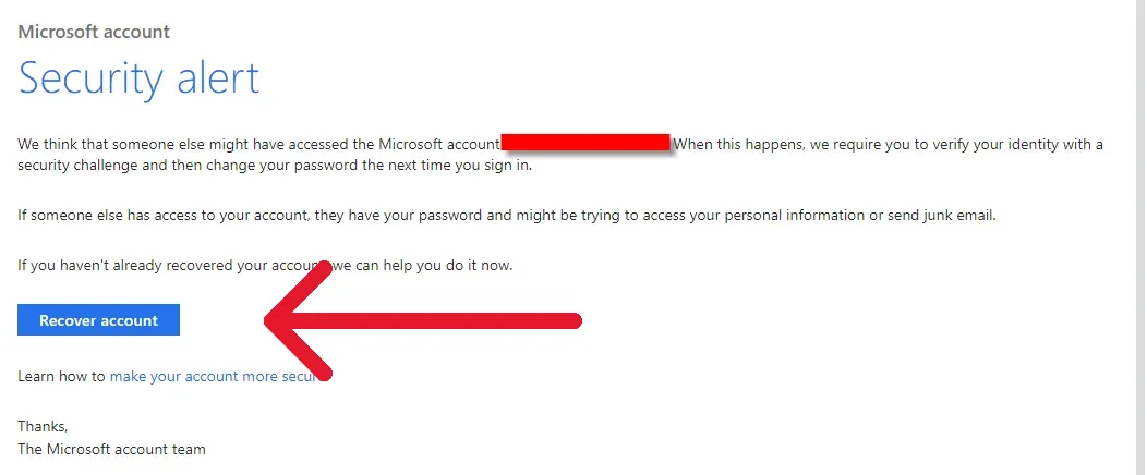 mensaje de alerta de seguridad hotmail